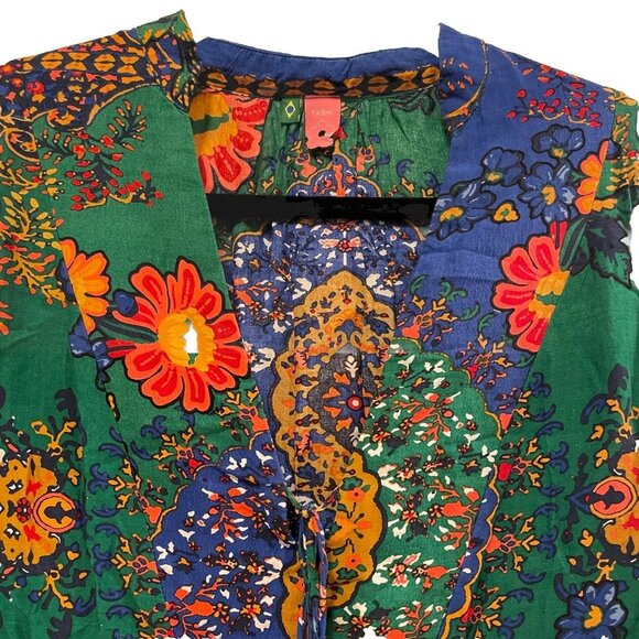 FARM RIO Green Tropical 100% Viscose Puff Sleeve Boho Blouse Sz S/P - Picture 4 of 8